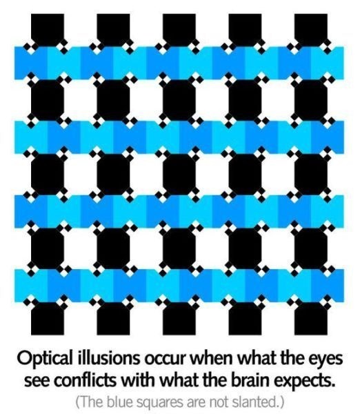 color changing optical illusions - Optical illusions occur when what the eyes see conflicts with what the brain expects. The blue squares are not slanted.