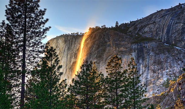 Horsetail Falls, California-Found in Yosemite National Park, there are a few moments in February when the sunlight catches the falls at the perfect angle and turns it a fiery orange.