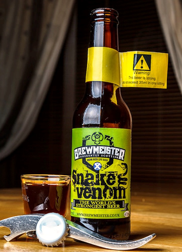 The worlds strongest beer is Brewmeisters Snake Venom. While regular beer usually have about 5 ABV, this Scottish killer has a stomach-burning 67,5 ABV.