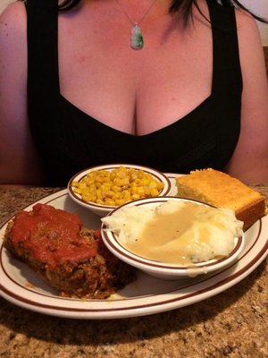 Spicy meatloaf with corn bread and two sides. Different than what I'm used to. Not sure I'd have it again.
