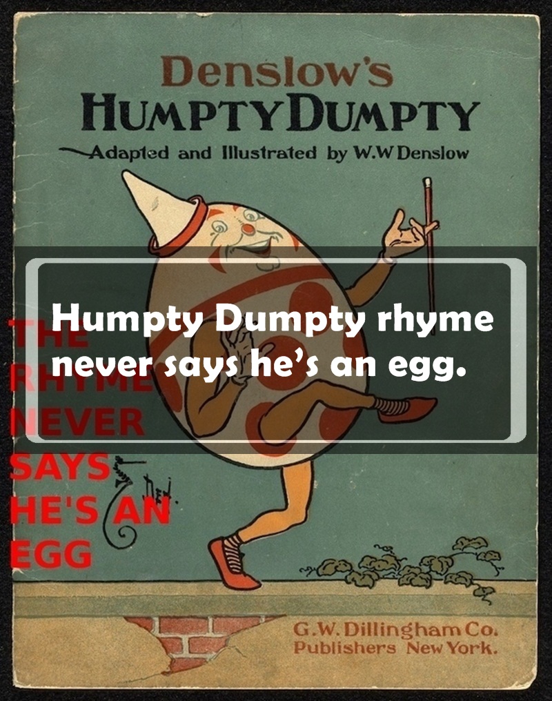 children's book - Denslow's Humptydumpty Adapted and Illustrated by W.W Denslow Humpty Dumpty rhyme never says he's an egg. Tiever Says He'S An Egg 2 G.W. Dillingham Co. Publishers New York.