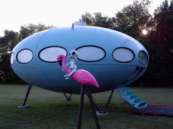 A House in the shape of UFO alien spaceship Known as  Futuro House located in Frisco, North Carolina