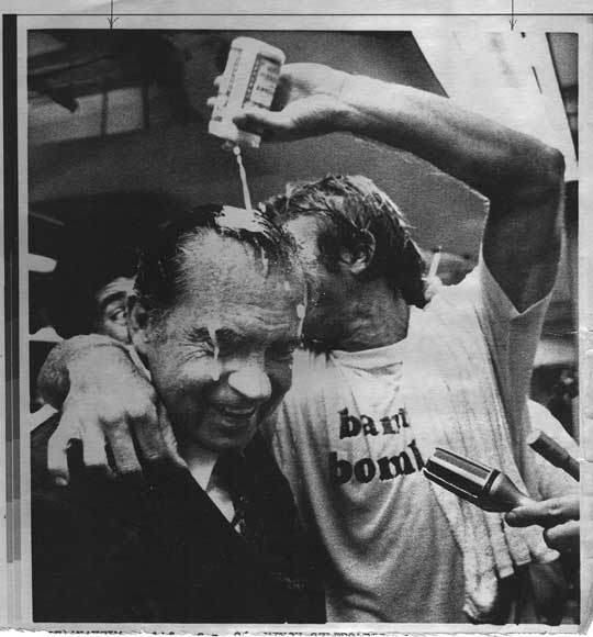 Bobby Grich pours beer over Richard Nixon