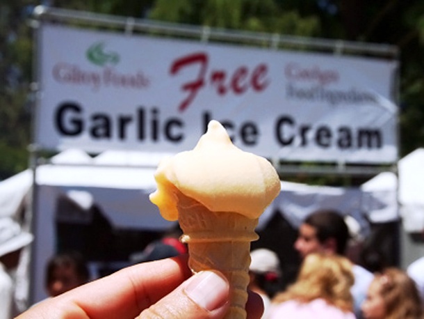 Garlic ice cream-This ice cream usually consists of vanilla, or honey, and cream as a base, to which the garlic is added. This ice cream is a food item on The Stinking Roses food menu where it is treated as a sauce to accompany food items like steak or it can also be consumed as a dessert