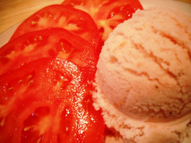 Tomato ice cream-As weird as it may sound, there are many recipes on how to make tomato ice cream. The easiest requires just ripe tomatoes, fresh cream, sugar and orange liquor. Combine fresh cream, sugar and orange liquor and stir the mixture into puree made out of cooked tomatoes. Pour the mixture in a metal bowl, covering with wrap. Keep in freezer and stir 2 or 3 times before freezing completely
