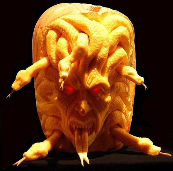 Creative Jack o Lantern carved pumpkin - Incredible Medusa snake head carved pumpkin