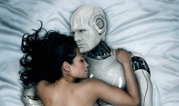 woman making love to robot