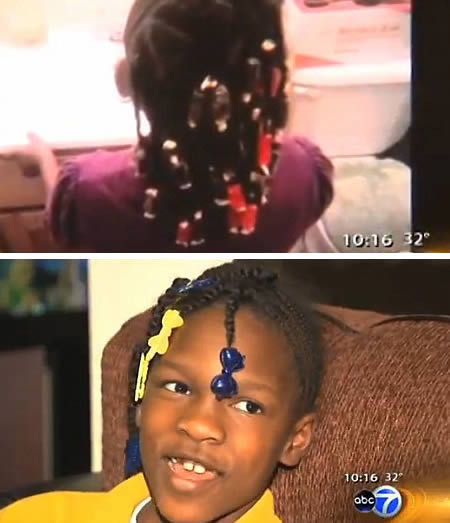 A teacher took photos of one of her seven-year-old pupils so she could post them on her Facebook page for her friends to mock the girl's hairstyle. Ukailya Lofton, a student at Overton Elementary School in Chicago, turned up for her school photo on picture day with Jolly Rancher candies tied to her braids after she had seen the style in a magazine. Her computer teacher asked her to pose for a photo with her braids hanging round her face and told her: 'My husband is not going to believe this.'That night she posted the cell-phone pictures on her Facebook page with the message: 'Right! This is for picture day.' Another parent whose child is the teacher's friend on Facebook let Ukailya's mother Lucinda Williams know that the girl's photos were on the teacher's page and people were mocking the hairstyle. She also saved both the photos and the comments onto a CD. Ms Williams, who is a hairdresser, said her daughter begged her to give her the braids hairstyle as she loves to dress up. She attached the candies with elastic bands and said her daughter was really excited to go into school and show them off.The comments that appeared on the teacher's Facebook page said things like: 'I laughed so hard my contact popped out', 'yeah this is foolishness' and 'If you are going to make your child look ridiculous the least you could do is make them matching.