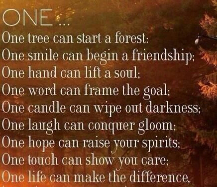 thought provoking awe inspiring quotes - One One tree can start a forest One smile can begin a friendship One hand can lift a soul One word can frame the goal One candle can wipe out darkness; One laugh can conquer gloom; One hope can raise your spirits; 