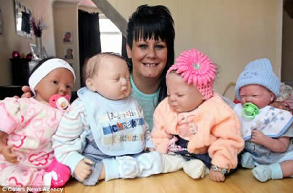 Sterilized Mother of Four Also Has Four Reborn Children!Speaking of Brits, Wendy Archer from Middlesbrough spent 2000 on four dolls, despite having four real children of her own. Wendy was voluntarily sterilized after her 4th child, but has regretted it ever since. She says she felt a great sense of loss after the sterilization and the Reborns help her feel better. To me they aren't dolls, they are my babies they even smell like real babies, she was quoted as saying.