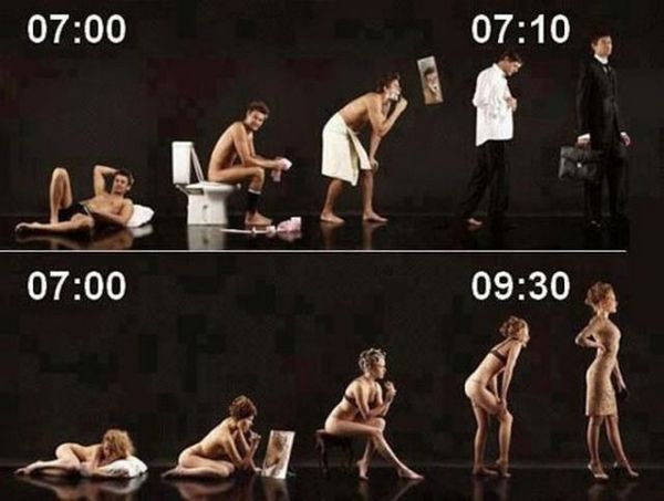man vs woman getting ready - |