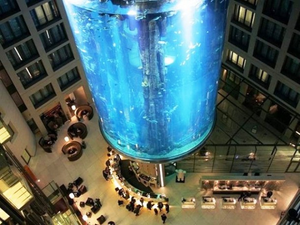 Radisson Blu Hotel in Berlin, Germany. Filled with 1,000,000 liters 264,000 gallons of water, and containing over 1,500 fish of 50 different species