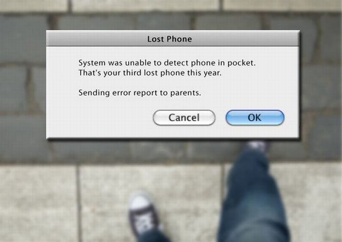funny notifications - Lost Phone System was unable to detect phone in pocket. That's your third lost phone this year. Sending error report to parents. Cancel Ok
