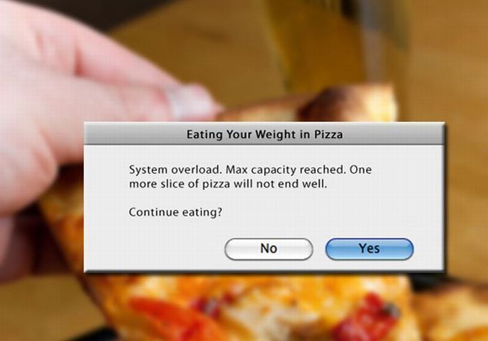 fast food - Eating Your Weight in Pizza System overload. Max capacity reached. One more slice of pizza will not end well. Continue eating? C No C Yes