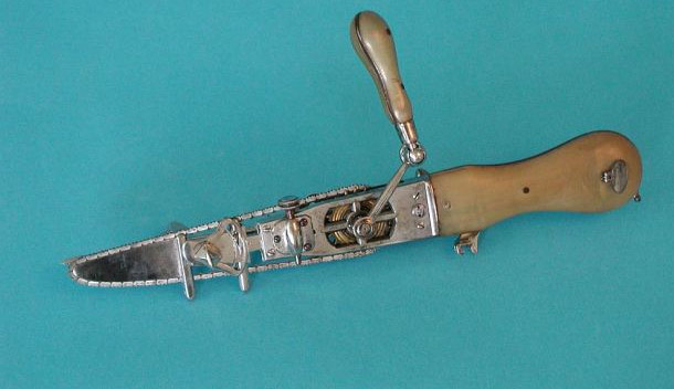 Osteotome: Invented by Bernard Heine around 1830, this medical instrument was initially used in trepanning. The sharp spike was driven into the patient's skull to hold the instrument in place, and then the doctor cranked the handle to turn the saw-toothed blade.