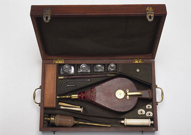 Smoke Enema: This odd device was used on patients who fell into icy waters. Infusing tobacco smoke into a patient's rectum was thought to help patients warm up and recover sooner. There were doubts about the credibility of tobacco enemas, which led to the popular phrase: "blow smoke up ones ass."