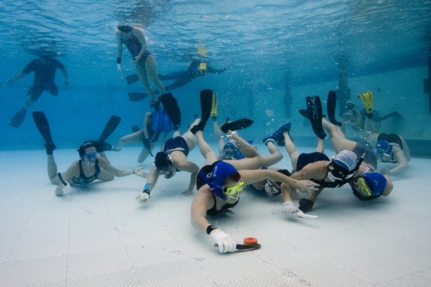 Underwater hockey-Those who failed to succeed in regular ice hockey can try this crazy version of the popular sport. In underwater hockey, two teams compete to get a puck across the bottom of a swimming pool into the opposing teams goal. Similarly to many other competitions from this list, underwater hockey also originated in England in 1954