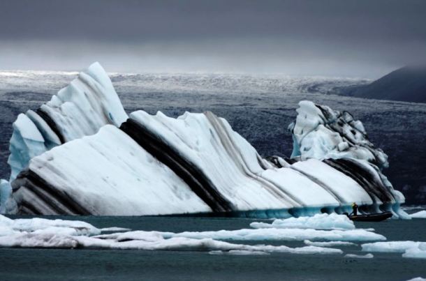 The lake is also home to these bizarre black-striped icebergs which attract photographers from all over the world.