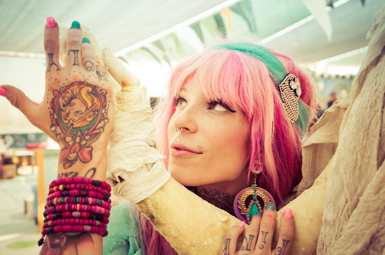 Pink-haired lady at Burning Man, Nevada 2013.