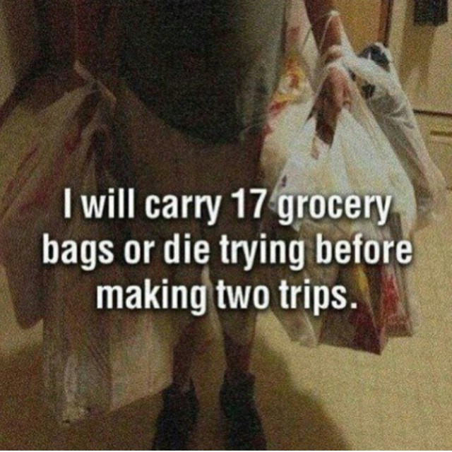 memes - grocery bags two trips is for pussie - I will carry 17 grocery bags or die trying before making two trips.