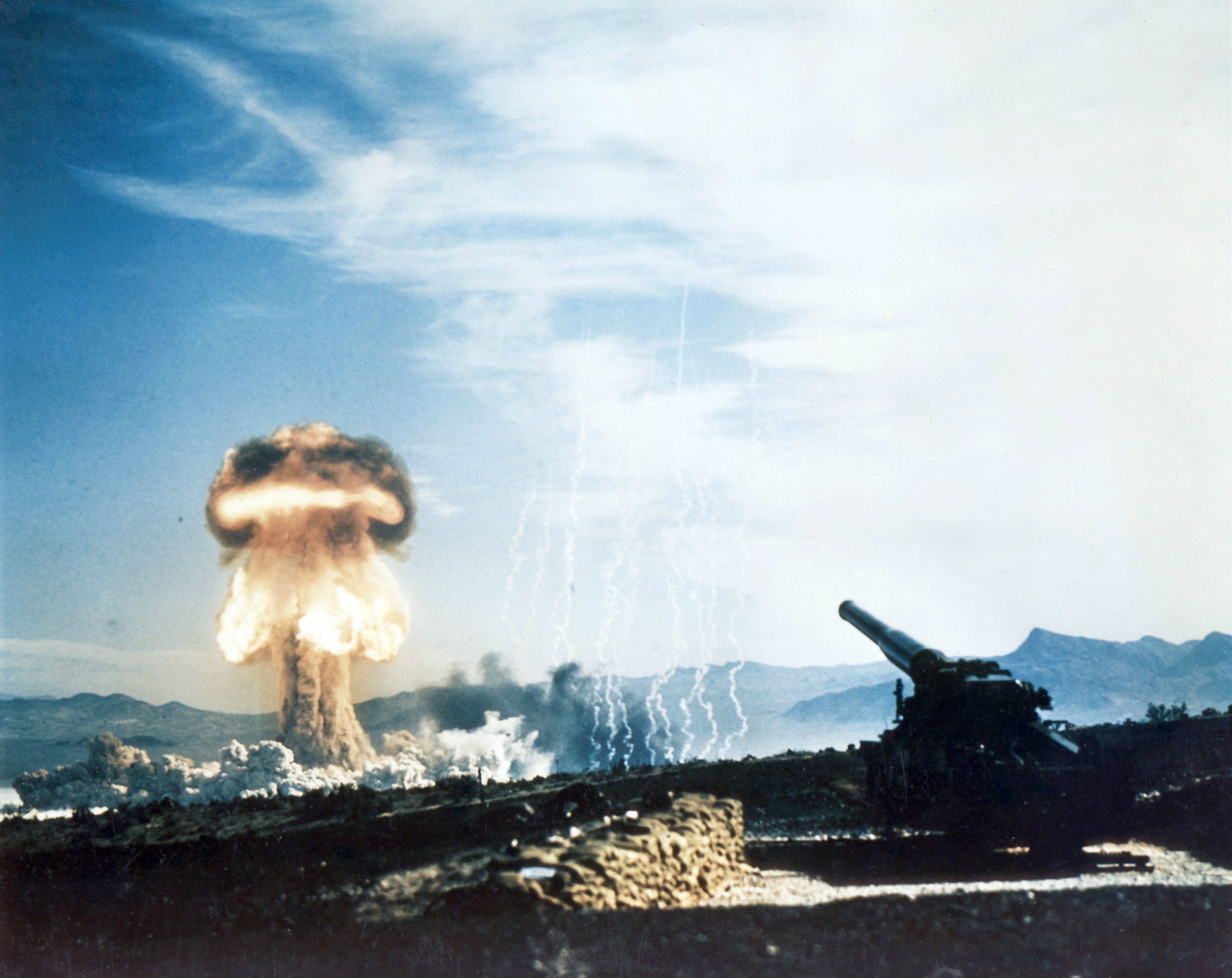 A 15 kiloton nuclear weapon detonates about 10 km from the cannon it was fired from, Nevada Test Site, May 1953