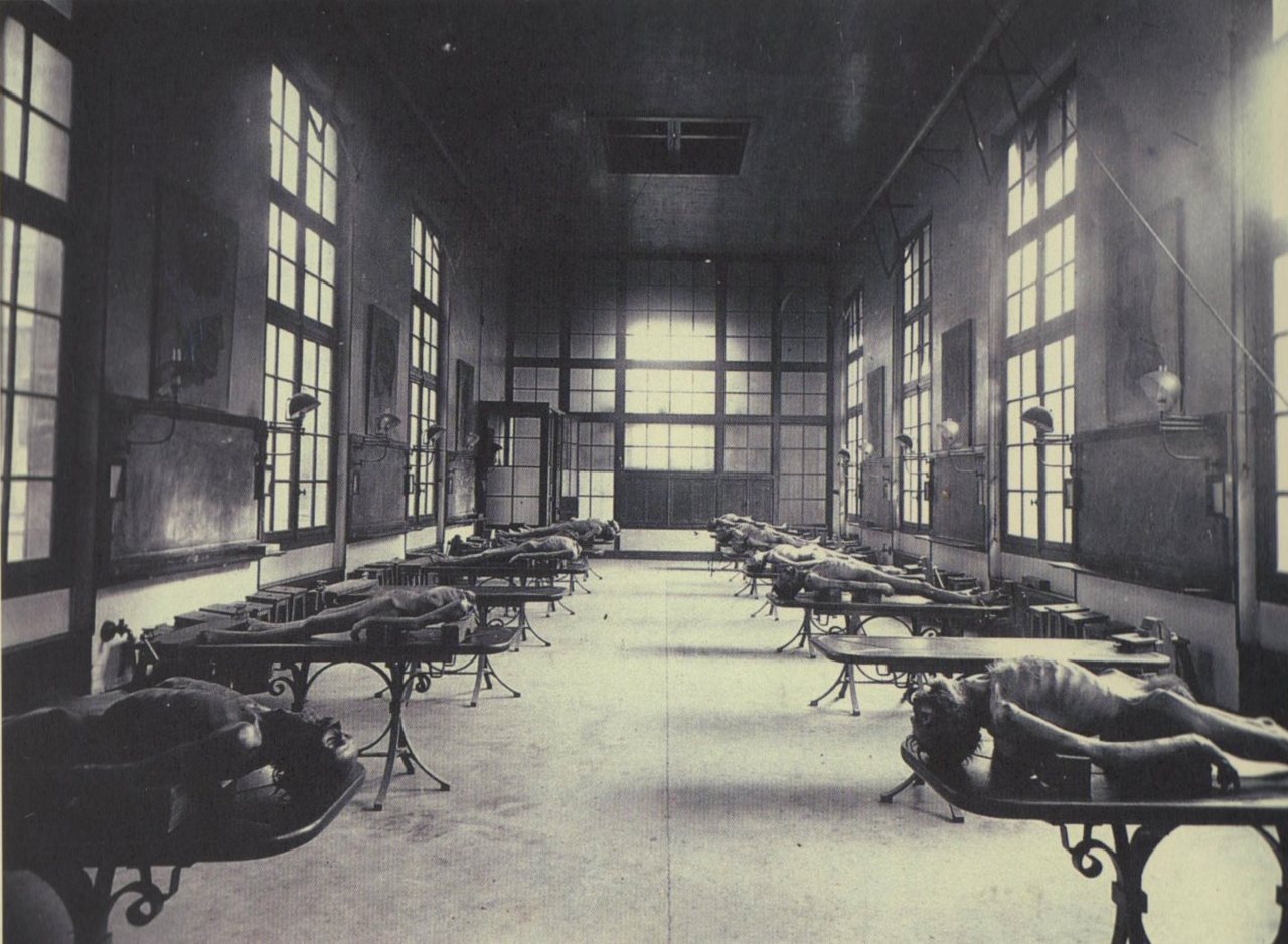 Dissection room at a medical school in Bordeaux, France. Circa 1890
