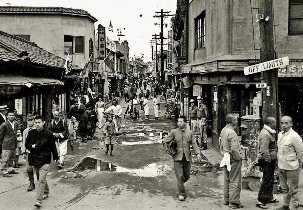 The red light district in Seoul, Korea, marked as off limits to American G.Is, 1945