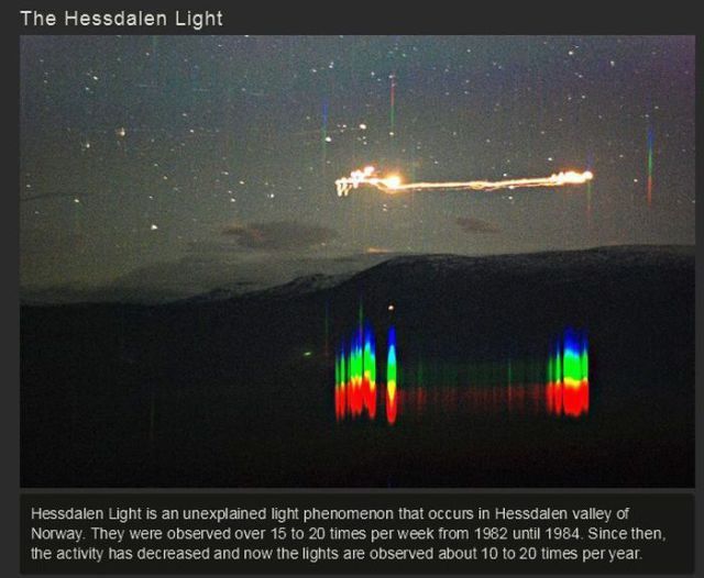 light - The Hessdalen Light Hessdalen Light is an unexplained light phenomenon that occurs in Hessdalen valley of Norway. They were observed over 15 to 20 times per week from 1982 until 1984. Since then, the activity has decreased and now the lights are o