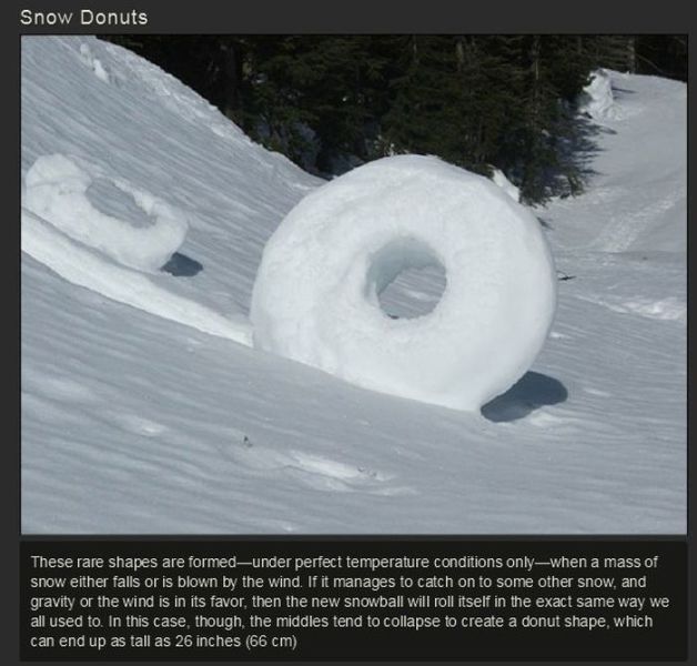 snow - Snow Donuts These rare shapes are formed under perfect temperature conditions onlywhen a mass of snow either falls or is blown by the wind. If it manages to catch on to some other snow, and gravity or the wind is in its favor, then the new snowball