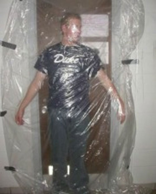 Tape clear saran wrap around your friend's doorway. See if they fall for the prank and walk into the saran wrap, or notice and become confused by its presence.