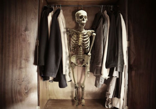 Skeleton in the closet-In nineteenth-century England, the periodical The Eclectic Review used this idiom in reference to a family who desperately tried to keep a sons illness secret by hiding him in the closet quite often, especially when guests visited. This is how this idiom got its start, and today we use it to refer to when someone tries to hide a big secret out of embarrassment and shame.
