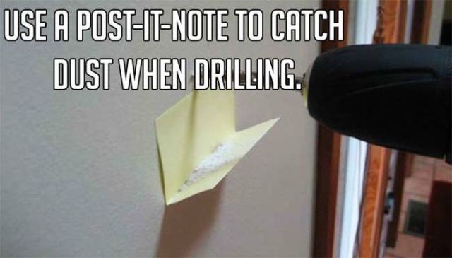 drilling hack - Use A PostItNote To Catch Dust When Drilling.
