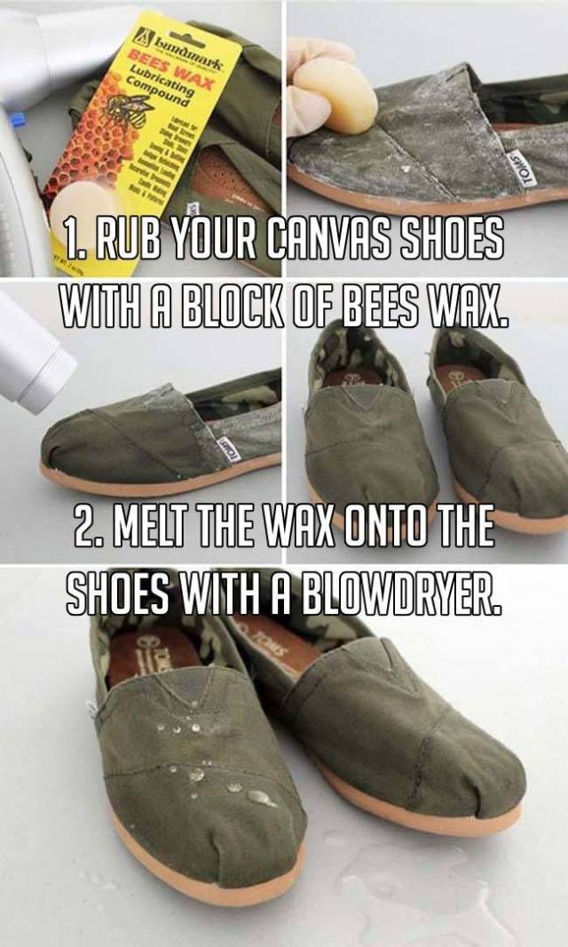 waterproof your shoes - A Lundmark Bees Wax Lubricating Compound Toms 1. Rub Your Canvas Shoes With A Block Of Bees Wax. 2. Melt The Wax Onto The Shoes With A Blowdryer.