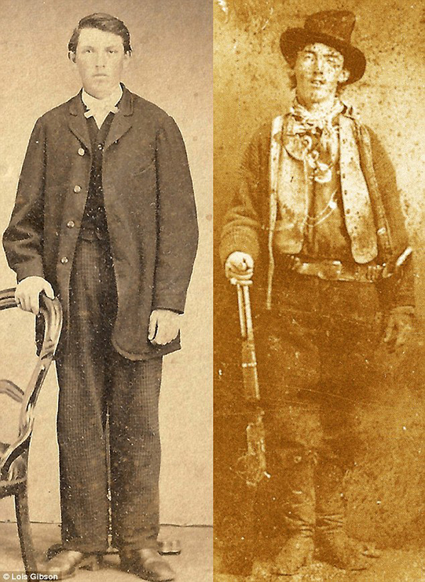Is the young dapper man to the left Billy The Kid?Forensic expect Louis Gibson, who previously identified the sailor kissing the nurse in the famous V-J Day picture taken in Times Square, has studied the latest image and says it is indeed the Kid, born Henry McCarty.The only verified picture of Billy the Kid was sold in 2011 to billionaire William Koch, and is shown above, with the gunslinger leaning against his rifle in a cocky stance