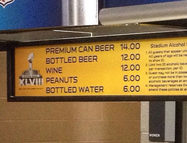 signage - Stadium Alcohol 1 All guests that appear years of age bere Premium Can Beer 14.00 Bottled Beer 12.00 Wine 12.00 Peanuts 6.00 Bottled Water 6.00 2 unit to achieve per transaction pero 1 Guest may not be in Desse of purchase more than alcoholic be