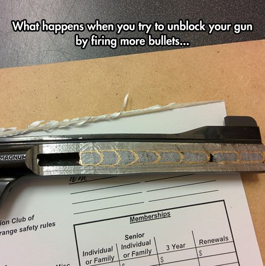 bullet stuck in barrel - What happens when you try to unblock your gun by firing more bullets... Magnut Memberships Jon Club of range safety rules Renewals Senior individual or Family 3 Year Individual or Family