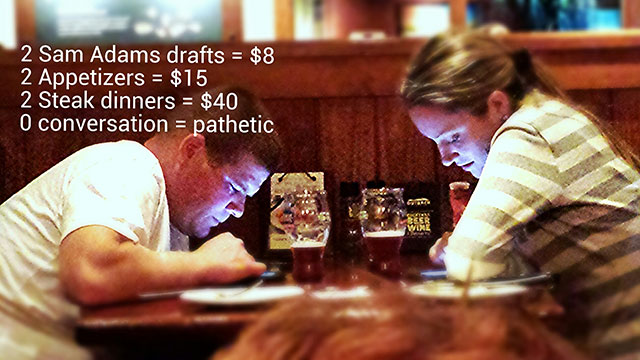 cell phone zombies meme - 2 Sam Adams drafts $8 2 Appetizers $15 2 Steak dinners $40 O conversation pathetic Ge.