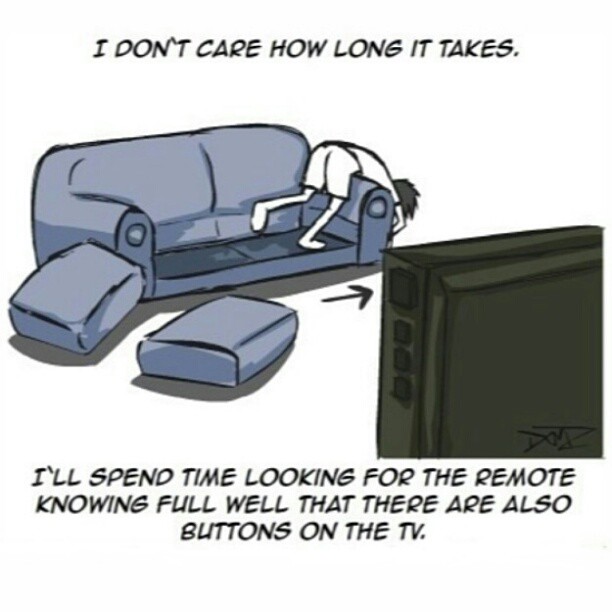 cartoon - I Don'T Care How Long It Takes. I'Ll Spend Time Looking For The Remote Knowing Full Well That There Are Also Buttons On The Tv.