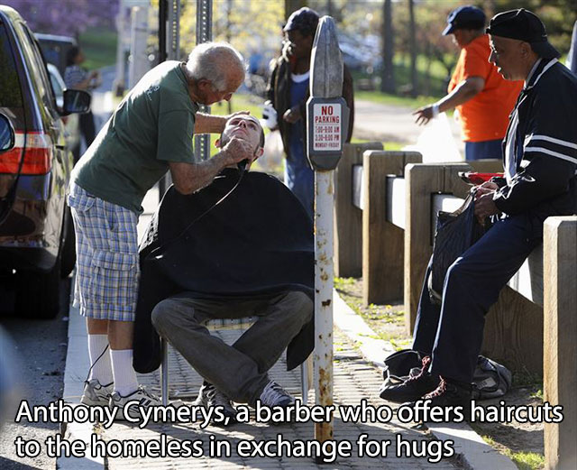 example of kindness boomerang - Nu Parking Wami Heme Anthony Cymerys, a barber who offers haircuts to the homeless in exchange for hugs