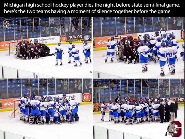 Faith - Michigan high school hockey player dies the night before state semifinal game, here's the two teams having a moment of silence together before the game So bastra Schoolcraft Jet Now On Wengi 7,392 Ce 20 2 Qul