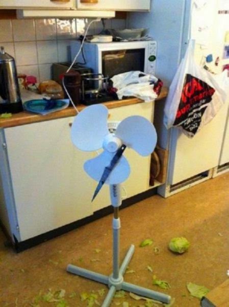 Save time on cutting vegetables by attaching a knife to a fan...DON'T TRY THIS UNLESS YOU'RE MAKING FINGER SANDWICHES.