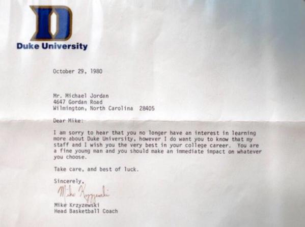 Coach K’s letter to Michael Jordan after hearing he wouldn’t be coming to Duke, 1980