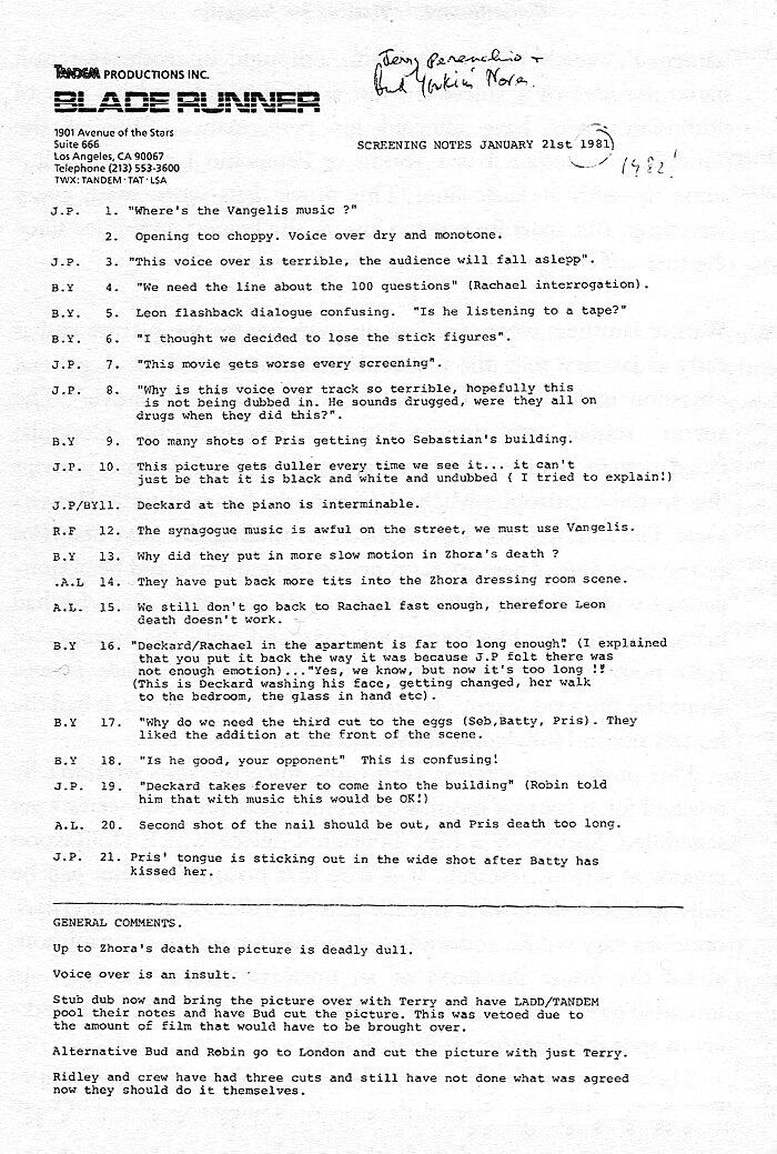 Early screening notes for Blade Runner