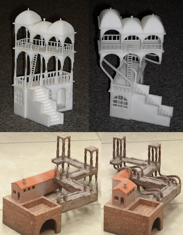 3D Printing of M.C. Escher's Impossible Structures-M.C. Escher's two-dimensional renderings of impossible feats of architecture are endlessly fascinating to look at, precisely because they could not exist as three-dimensional objects. Or could they?

Gershon Elber, a computer science professor at the Israel Institute of Technology, has manipulated Escher's optical illusions so that they can be fabricated with a 3D printer.

So just how does Elber create 3D versions of creations like Escher's Belvedere and Waterfall? Well, he cheats. Just as the objects appear plausible in 2D, so too can 3D objects replicate the illusion if viewed from a certain angle. Using computer-aided design software, Elber manipulated illusions designed by Escher and others so that they could be fabricated as a physical object, while maintaining the illusion from that one angle. He then used a 3D printer to fabricate the resulting objects.