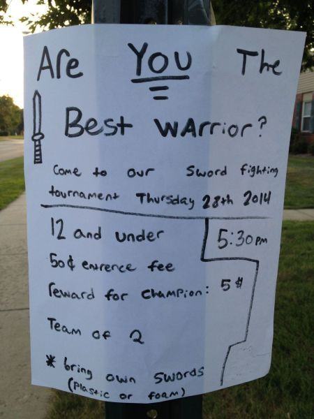 tree - Are You The 1 Best warrior? come to our Sword fighting tournament Thursday 28th 2014 12 and under pm 50 entrence fee reward for Champion 5$ Team of a bring ing own own swords prost lastic or foam