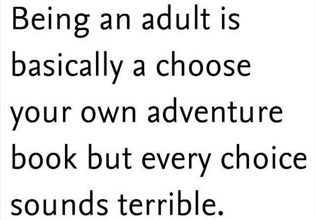 memes about being an adult - Being an adult is basically a choose your own adventure book but every choice sounds terrible.