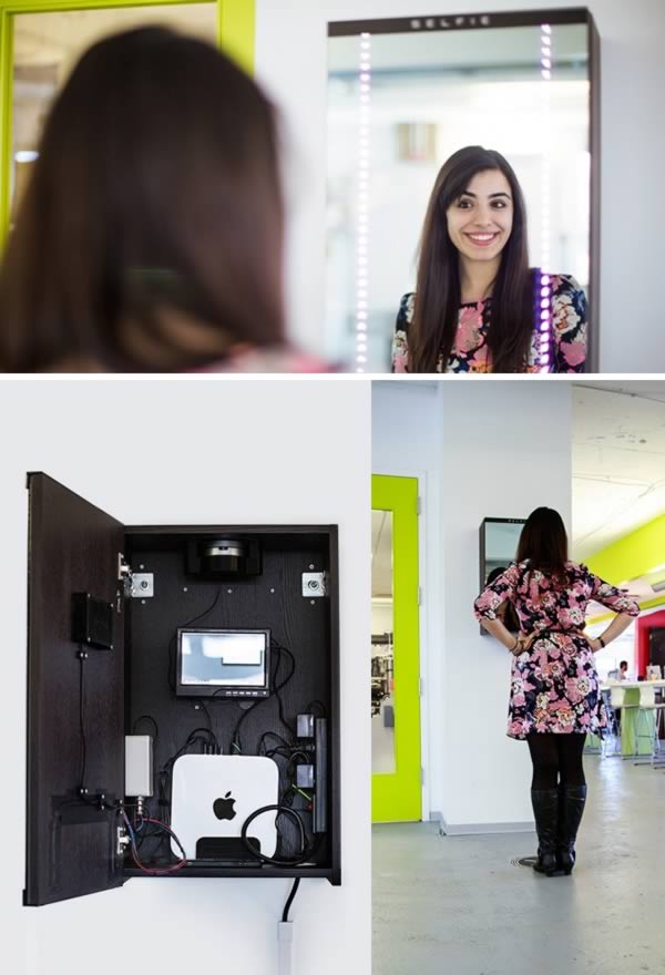 For those who must tear themselves away from gazing into the mirror in order to take a selfie, iStrategyLabs has come up with a solution. SELFIE is a mirror that takes a snap of the user and shares it to Twitter.

The SELFIE, or "Self Enhancing Live Feed Image Engine," uses a cabinet with a two-way mirror installed on a hinged door, much like a bathroom cabinet. Users see just a plain mirror, but opening the door reveals the technological innards that power the device.