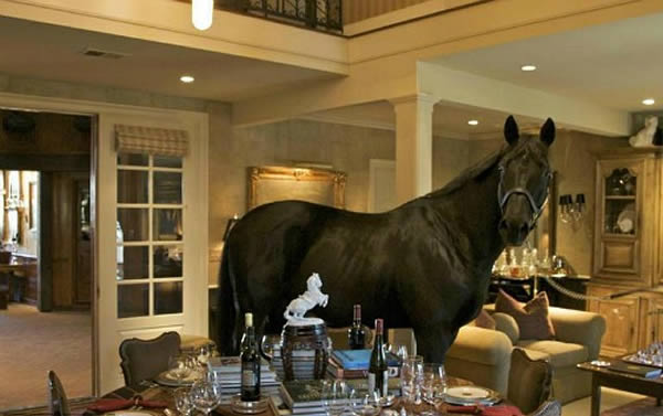 Even the horse appears to be confused to find himself in this Virginia living room. At least it's part of an “equestrian estate,” which kind of explains it…