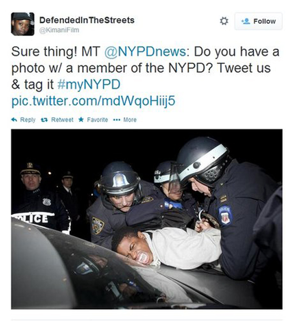 NYPD Hashtag #Fail...The New York Police Department was trying to connect with its community, and perhaps appear “hip”; however the Internet had other ideas. The NYPD Twitter feed asked its followers to tag photos with #myNYPD and the winners would be featured on their Facebook page. Instead of showing police helping little old ladies cross the street or rescuing cats from trees, many people posted pictures showing acts of police aggression. #badidea