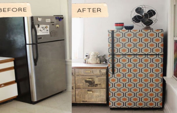Want to add a streak of color to your otherwise boring appliance? Wrap it in a festive wall paper scheme.
